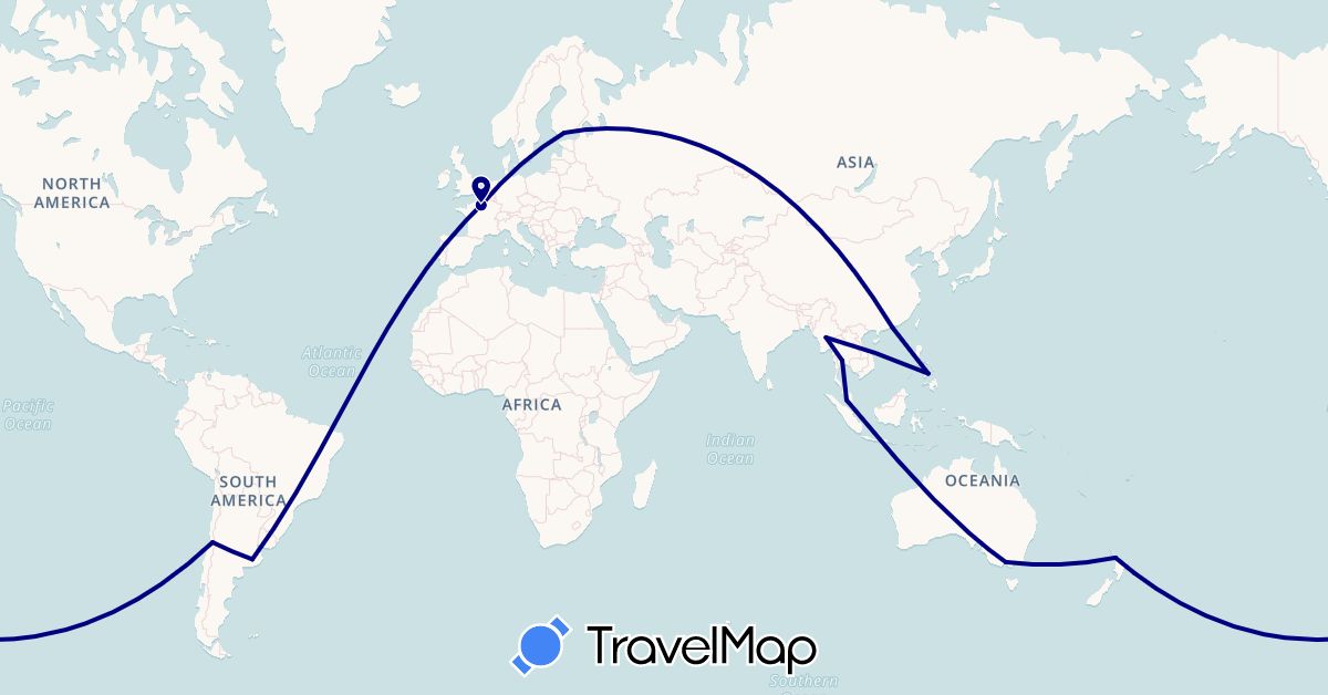TravelMap itinerary: driving in Argentina, Australia, Chile, Finland, France, Hong Kong, Myanmar (Burma), Malaysia, New Zealand, Philippines, Thailand (Asia, Europe, Oceania, South America)