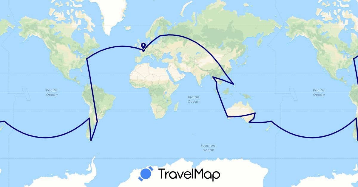 TravelMap itinerary: driving in Argentina, Australia, Chile, Finland, France, Hong Kong, Myanmar (Burma), Malaysia, New Zealand, Philippines, Thailand, United States (Asia, Europe, North America, Oceania, South America)